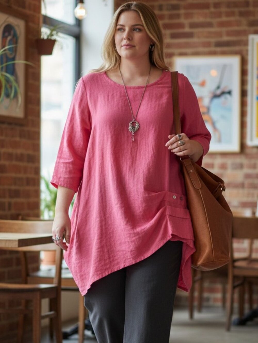 Lulu B Cotton Asymmetrical Pocket Tunic Top Coral Pink Size M